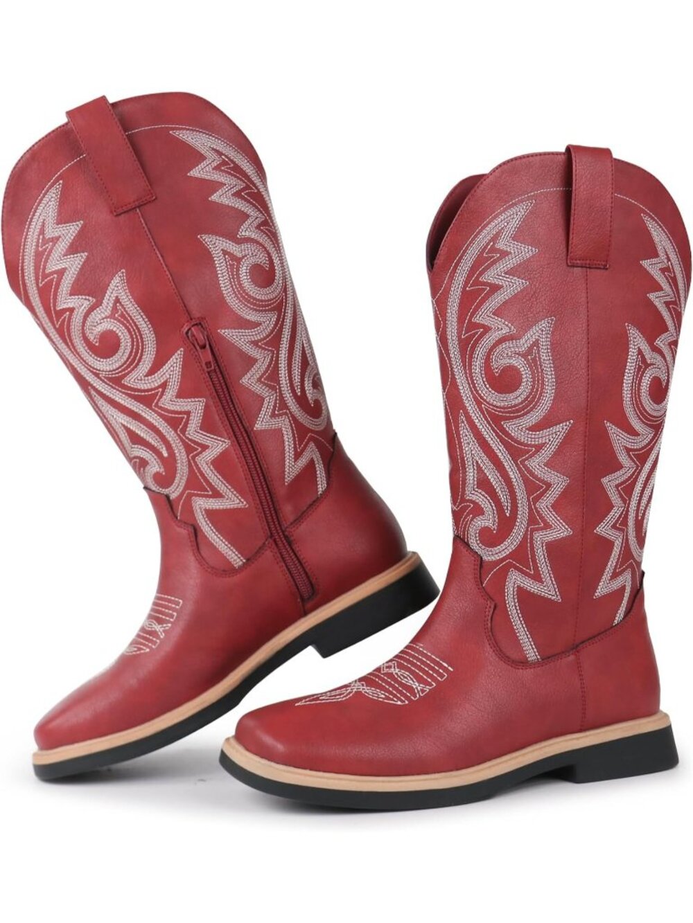 〽️Women's Mid-Calf Cowgirl Boot Red Floral Leather Side Zipper Chunky Heel